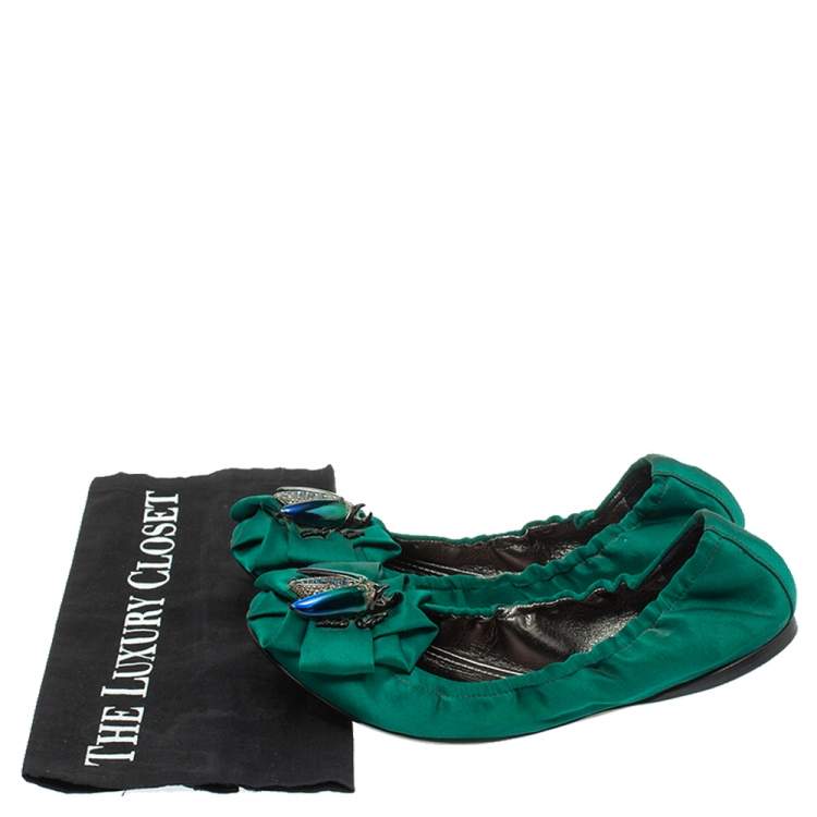 Pre Owned Roberto Cavalli Green Satin Bee Embellished Scrunch Ballet Flats Size 38