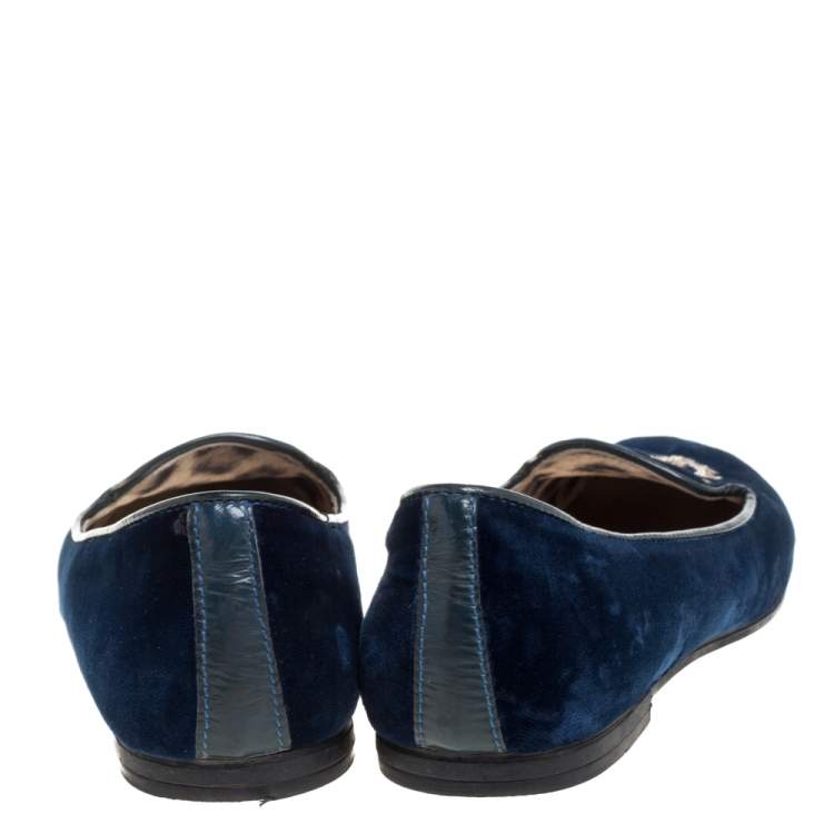 Pre Owned Roberto Cavalli Blue Velvet Ballet Flats Size 37
