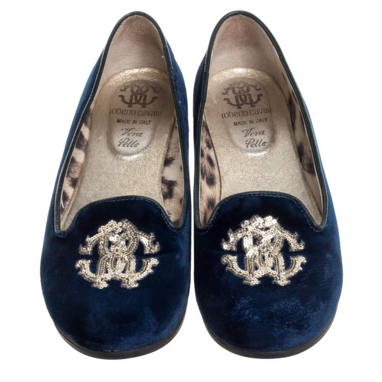 Pre Owned Roberto Cavalli Blue Velvet Ballet Flats Size 37