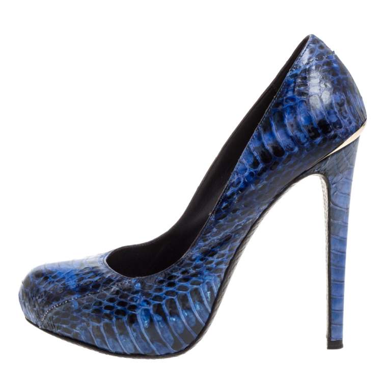 Pre Owned Roberto Cavalli Blue/Black Python Embossed Leather Platform Pumps Size 37