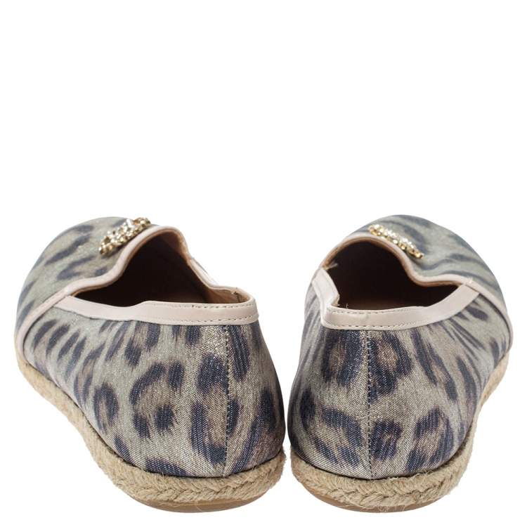 Pre Owned Roberto Cavalli Metallic Beige Animal Print Nylon Espadrilles Size 37