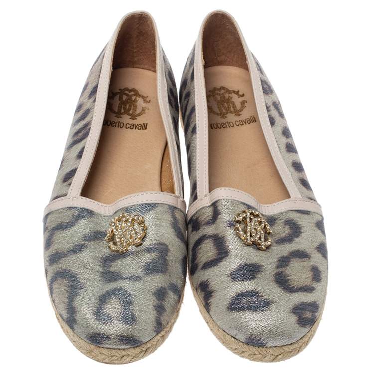 Pre Owned Roberto Cavalli Metallic Beige Animal Print Nylon Espadrilles Size 37