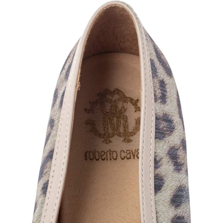 Pre Owned Roberto Cavalli Metallic Beige Animal Print Nylon Espadrilles Size 37