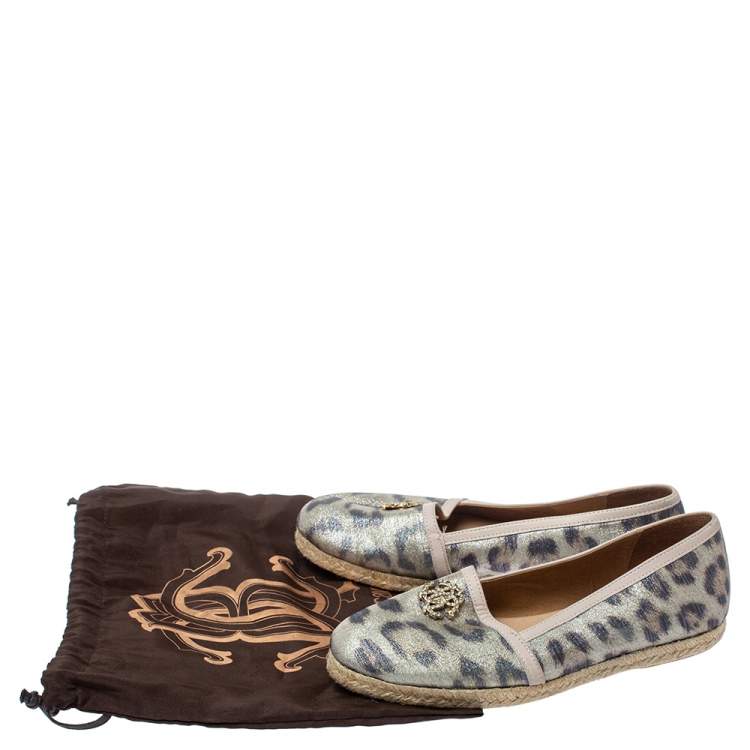 Pre Owned Roberto Cavalli Metallic Beige Animal Print Nylon Espadrilles Size 37