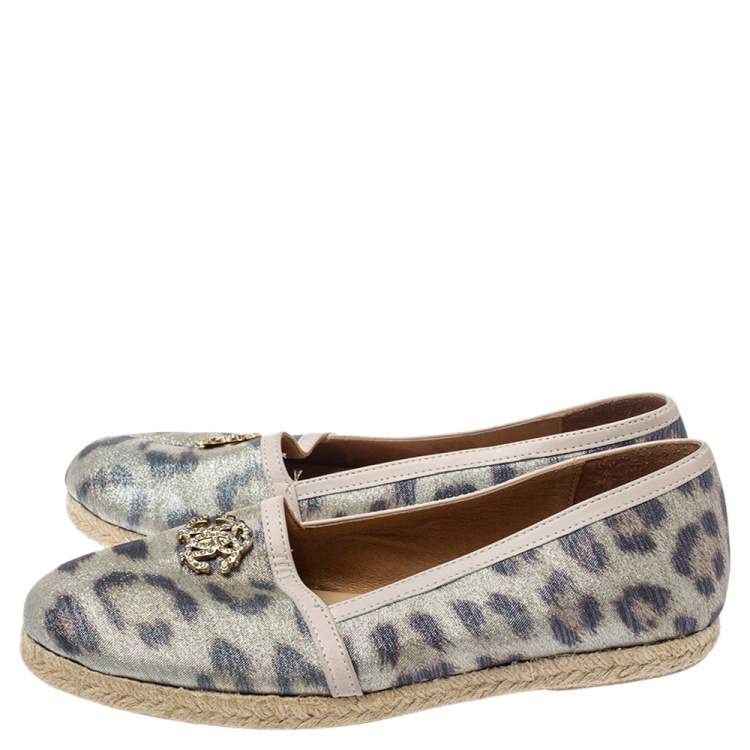 Pre Owned Roberto Cavalli Metallic Beige Animal Print Nylon Espadrilles Size 37