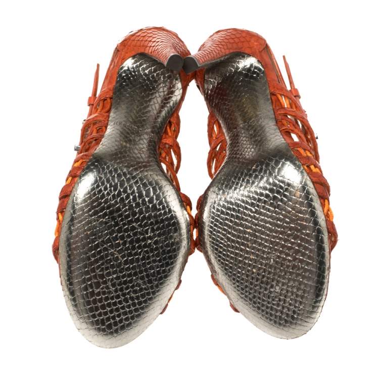 Pre Owned Roberto Cavalli Orange Python and Leather Cage Sandals Size 36