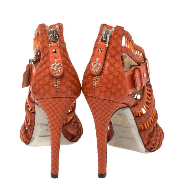 Pre Owned Roberto Cavalli Orange Python and Leather Cage Sandals Size 36