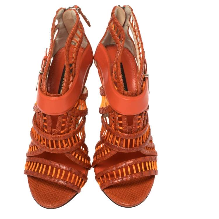 Pre Owned Roberto Cavalli Orange Python and Leather Cage Sandals Size 36