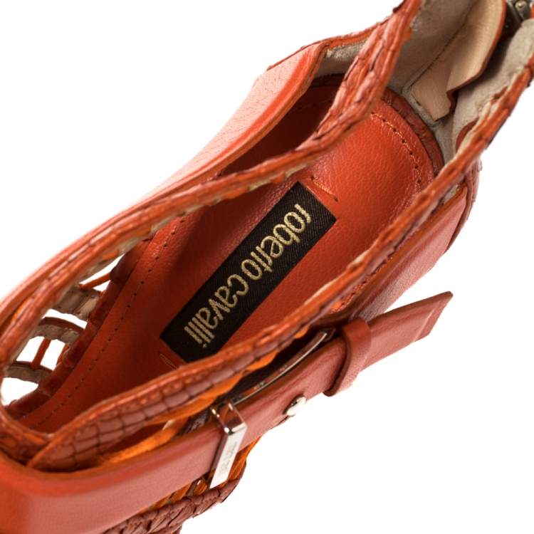 Pre Owned Roberto Cavalli Orange Python and Leather Cage Sandals Size 36
