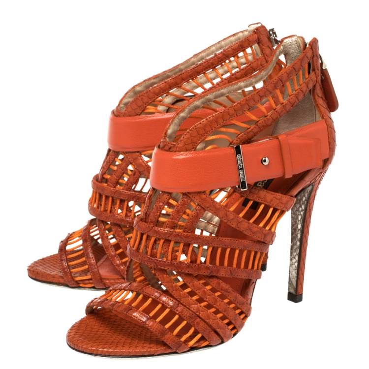 Pre Owned Roberto Cavalli Orange Python and Leather Cage Sandals Size 36