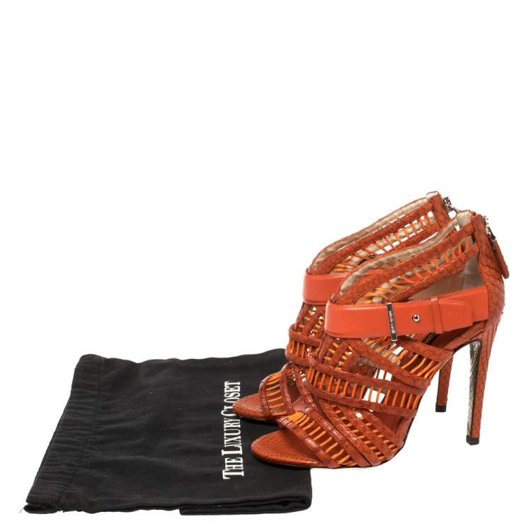 Pre Owned Roberto Cavalli Orange Python and Leather Cage Sandals Size 36