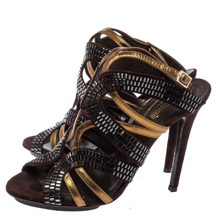 Pre Owned Roberto Cavalli Brown/Gold Leather And Suede Crystal Embellished Ankle Strap Sandals Size 38.5