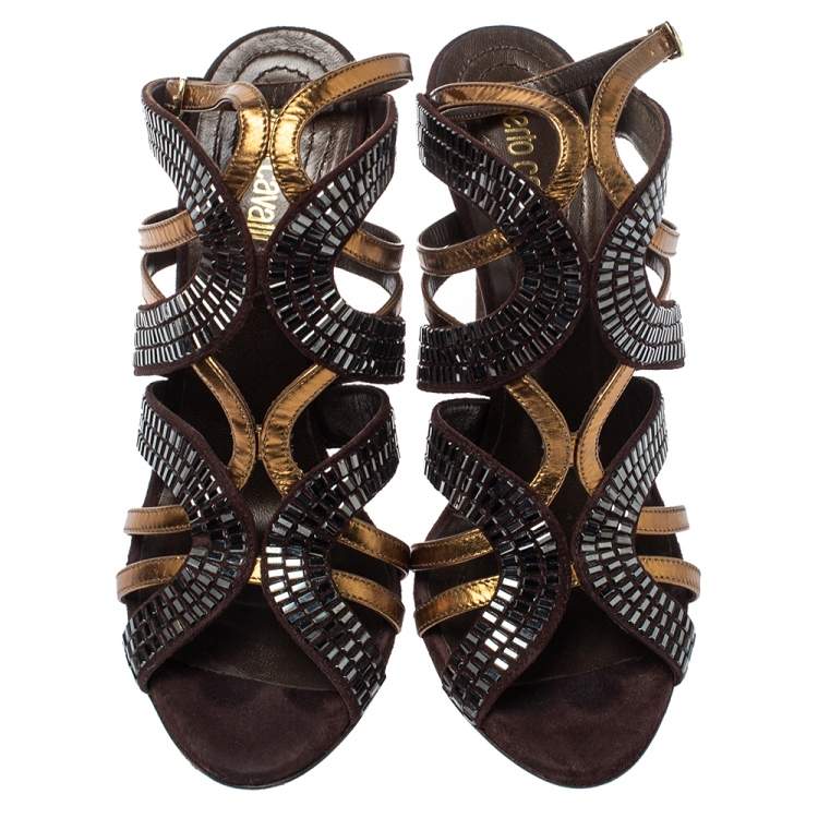 Pre Owned Roberto Cavalli Brown/Gold Leather And Suede Crystal Embellished Ankle Strap Sandals Size 38.5