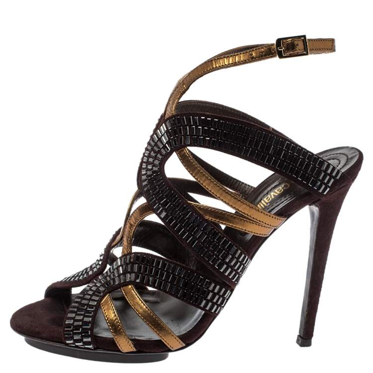 Pre Owned Roberto Cavalli Brown/Gold Leather And Suede Crystal Embellished Ankle Strap Sandals Size 38.5