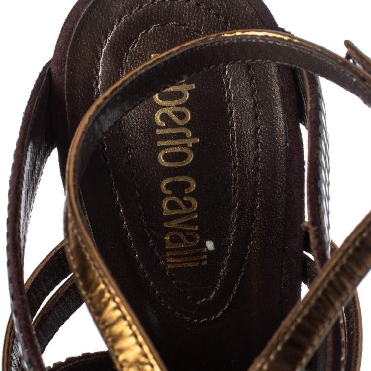 Pre Owned Roberto Cavalli Brown/Gold Leather And Suede Crystal Embellished Ankle Strap Sandals Size 38.5