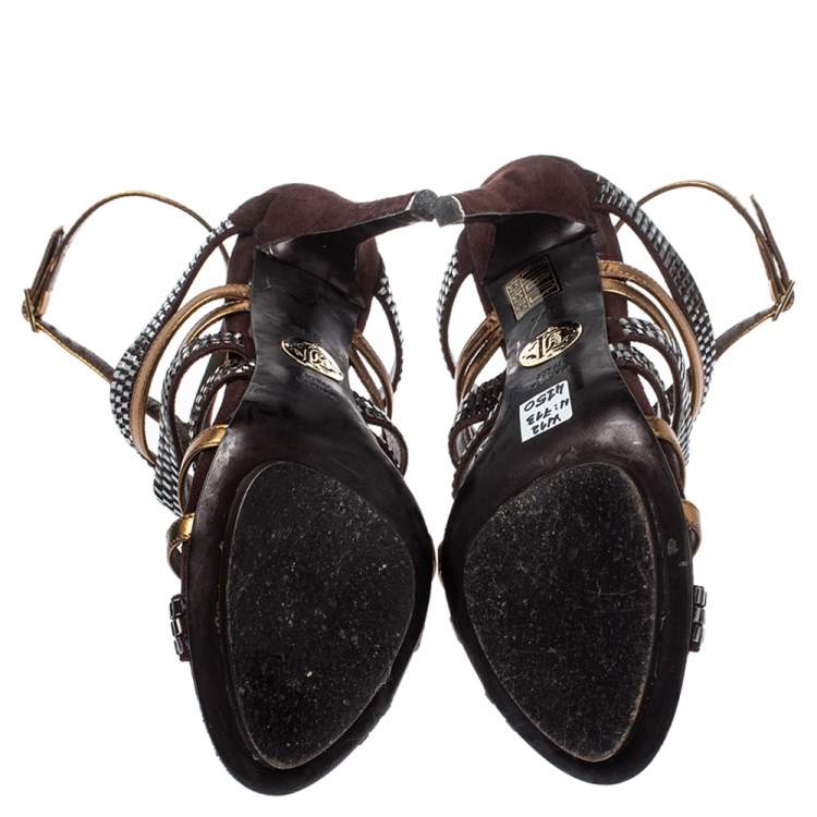 Pre Owned Roberto Cavalli Brown/Gold Leather And Suede Crystal Embellished Ankle Strap Sandals Size 38.5