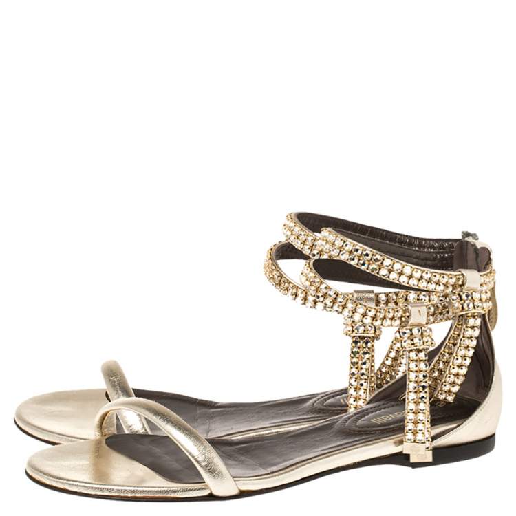 Pre Owned Roberto Cavalli Gold Leather Crystal Embellished Ankle Strap Flat Sandals Size 36