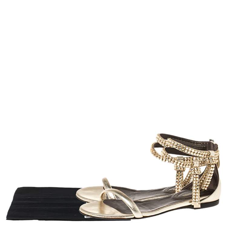 Pre Owned Roberto Cavalli Gold Leather Crystal Embellished Ankle Strap Flat Sandals Size 36