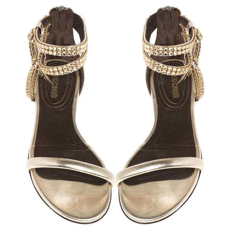 Pre Owned Roberto Cavalli Gold Leather Crystal Embellished Ankle Strap Flat Sandals Size 36