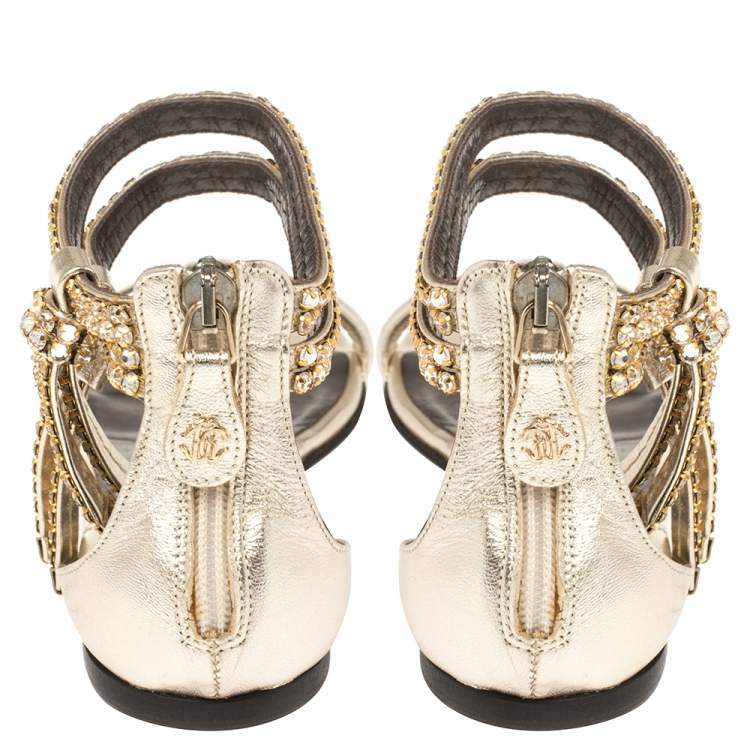 Pre Owned Roberto Cavalli Gold Leather Crystal Embellished Ankle Strap Flat Sandals Size 36