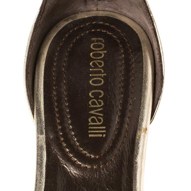 Pre Owned Roberto Cavalli Gold Leather Crystal Embellished Ankle Strap Flat Sandals Size 36
