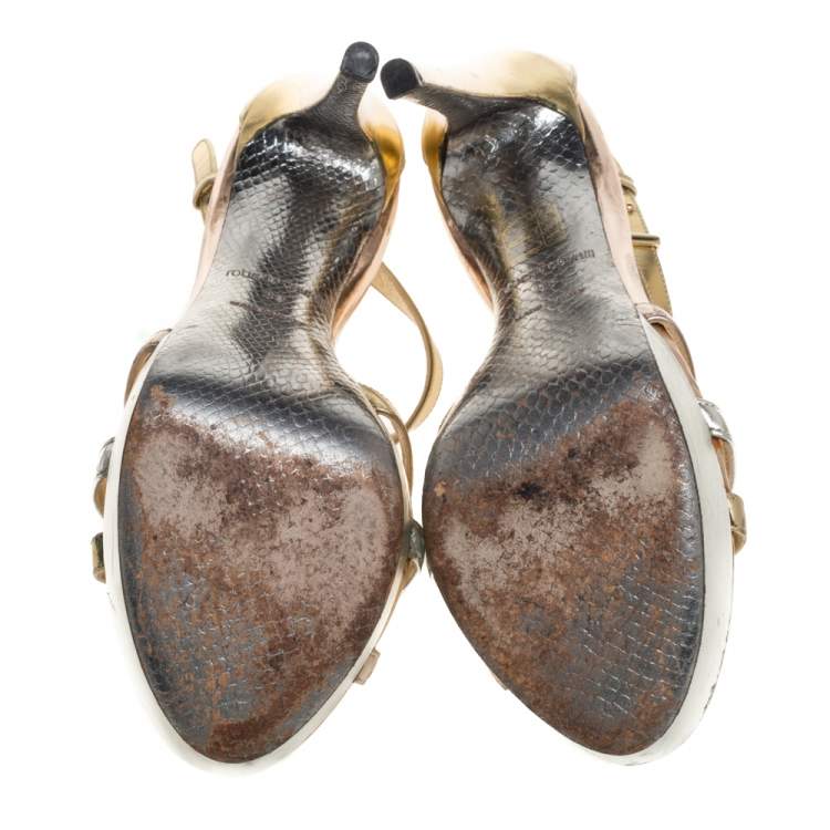 Pre Owned Roberto Cavalli Metallic Tricolor Leather T Strap Platform Sandals Size 38