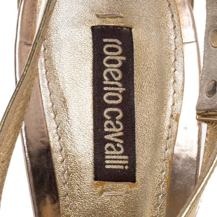 Pre Owned Roberto Cavalli Metallic Tricolor Leather T Strap Platform Sandals Size 38