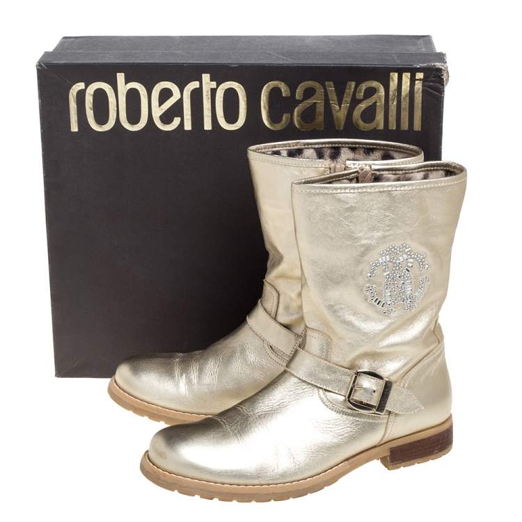 Pre Owned Roberto Cavalli Gold Leather Logo Embellished Buckle Detail Ankle Length Boots Size 38