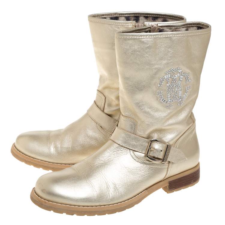 Pre Owned Roberto Cavalli Gold Leather Logo Embellished Buckle Detail Ankle Length Boots Size 38