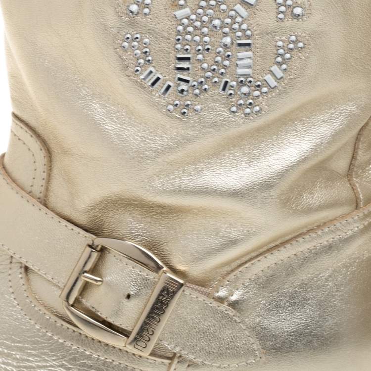 Pre Owned Roberto Cavalli Gold Leather Logo Embellished Buckle Detail Ankle Length Boots Size 38
