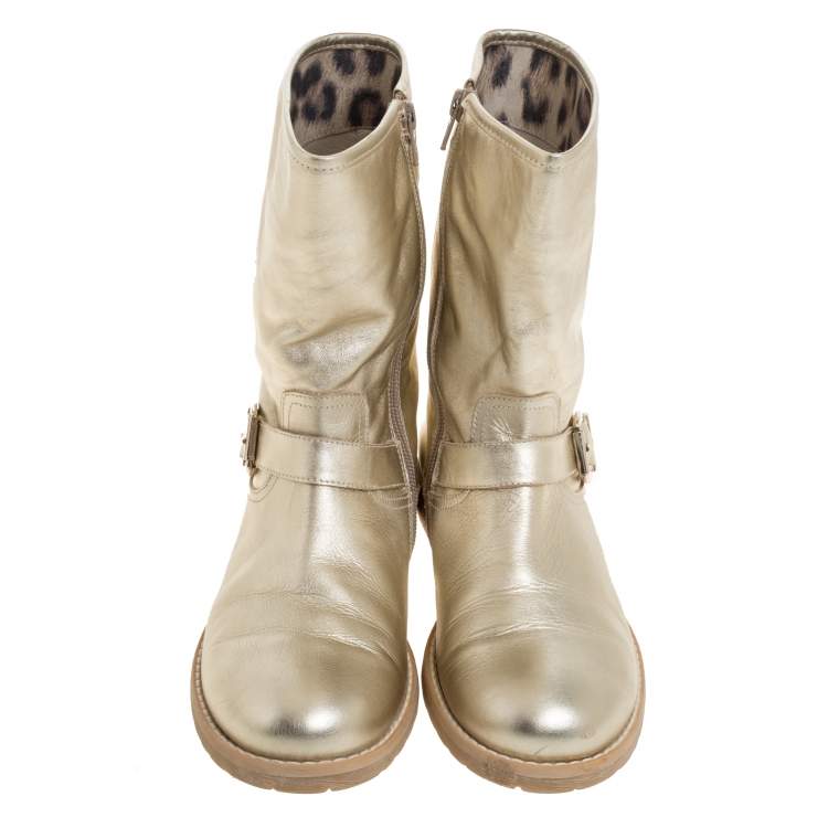 Pre Owned Roberto Cavalli Gold Leather Logo Embellished Buckle Detail Ankle Length Boots Size 38