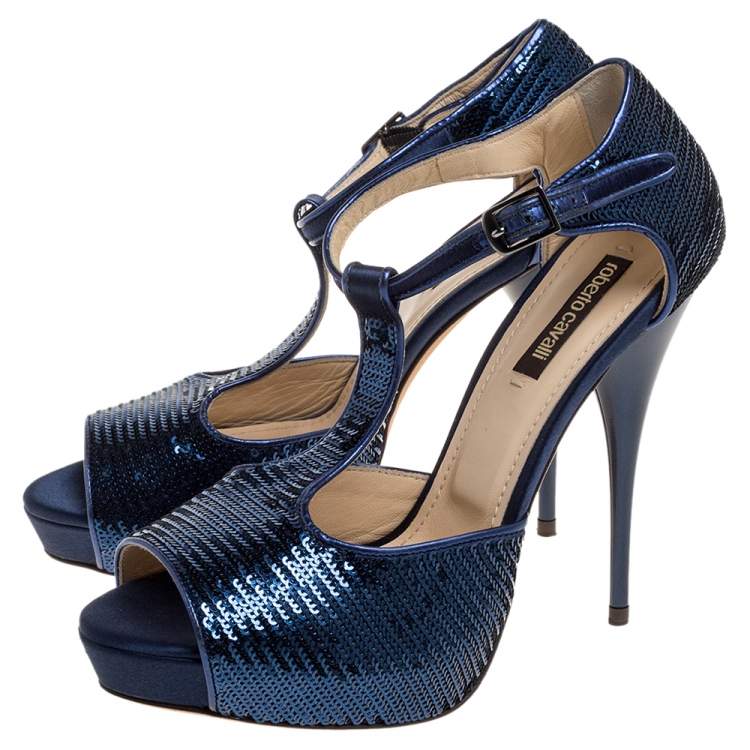 Pre Owned Roberto Cavalli Blue Sequin T Strap Platform Open Toe Sandals Size 36