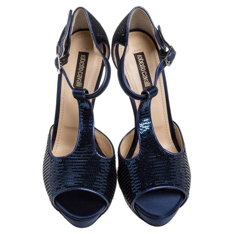 Pre Owned Roberto Cavalli Blue Sequin T Strap Platform Open Toe Sandals Size 36