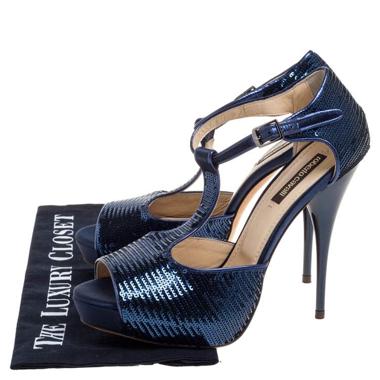 Pre Owned Roberto Cavalli Blue Sequin T Strap Platform Open Toe Sandals Size 36