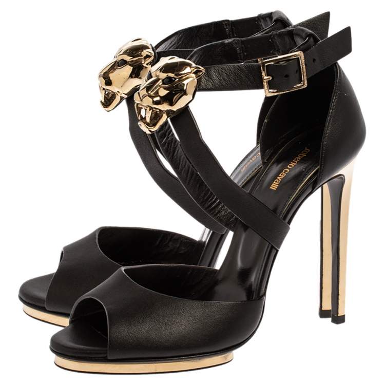 Pre Owned Roberto Cavalli Black Leather Lion Head Embellished Ankle Strap Sandals Size 36.5