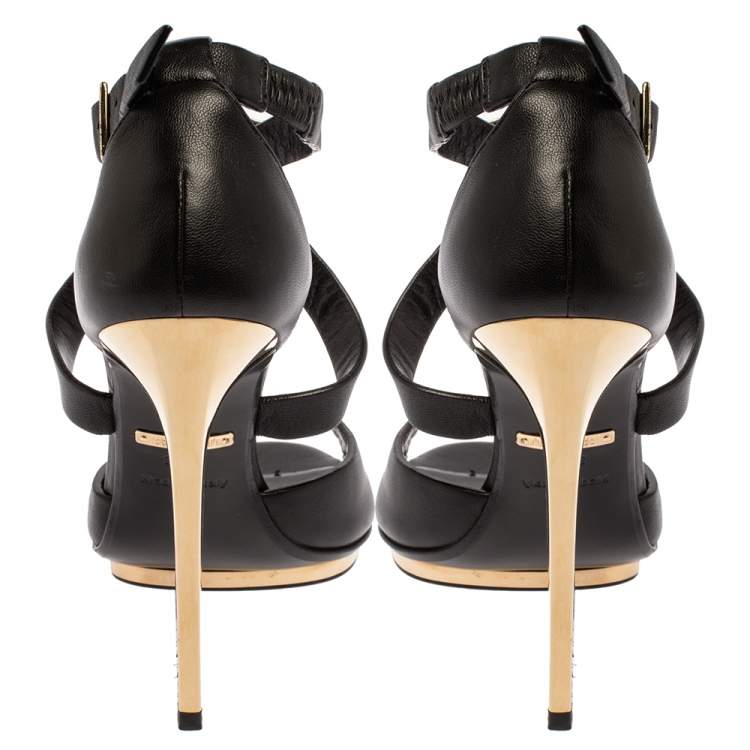 Pre Owned Roberto Cavalli Black Leather Lion Head Embellished Ankle Strap Sandals Size 36.5