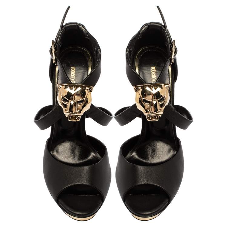 Pre Owned Roberto Cavalli Black Leather Lion Head Embellished Ankle Strap Sandals Size 36.5