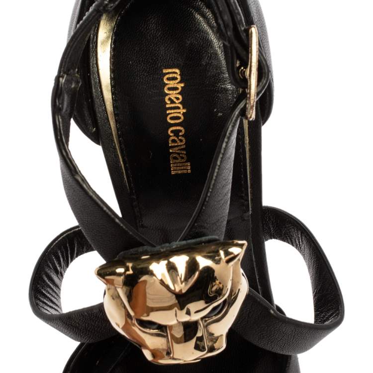 Pre Owned Roberto Cavalli Black Leather Lion Head Embellished Ankle Strap Sandals Size 36.5