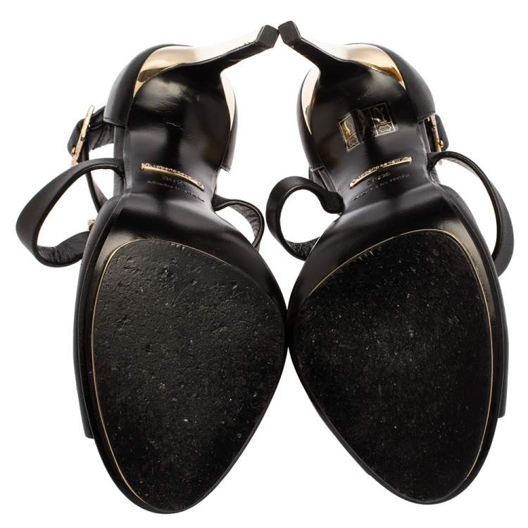 Pre Owned Roberto Cavalli Black Leather Lion Head Embellished Ankle Strap Sandals Size 36.5
