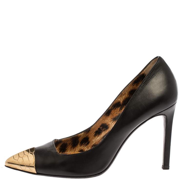 Pre Owned Roberto Cavalli Black Leather Metal Cap Toe Pumps Size 39.5 