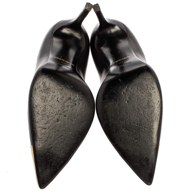 Pre Owned Roberto Cavalli Black Leather Metal Cap Toe Pumps Size 39.5 