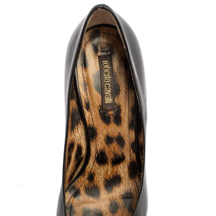 Pre Owned Roberto Cavalli Black Leather Metal Cap Toe Pumps Size 39.5 