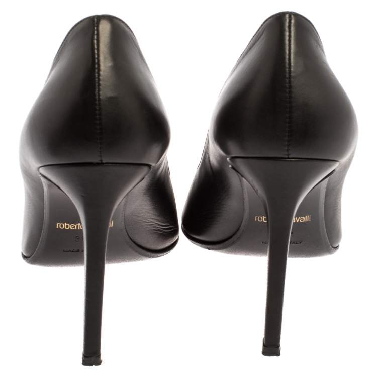 Pre Owned Roberto Cavalli Black Leather Metal Cap Toe Pumps Size 39.5 