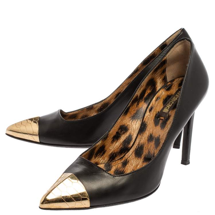 Pre Owned Roberto Cavalli Black Leather Metal Cap Toe Pumps Size 39.5 
