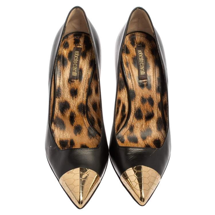 Pre Owned Roberto Cavalli Black Leather Metal Cap Toe Pumps Size 39.5 