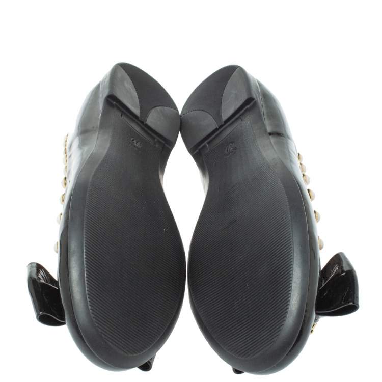 Pre Owned Roberto Cavalli Black Patent Leather Embellished Bow Ballet Flats Size 37