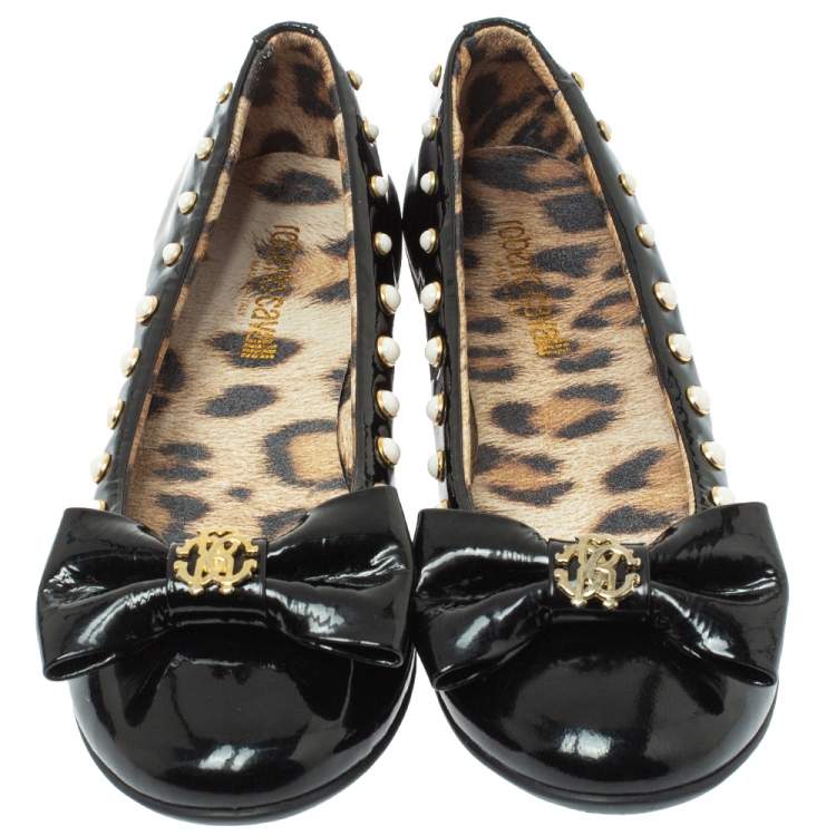 Pre Owned Roberto Cavalli Black Patent Leather Embellished Bow Ballet Flats Size 37