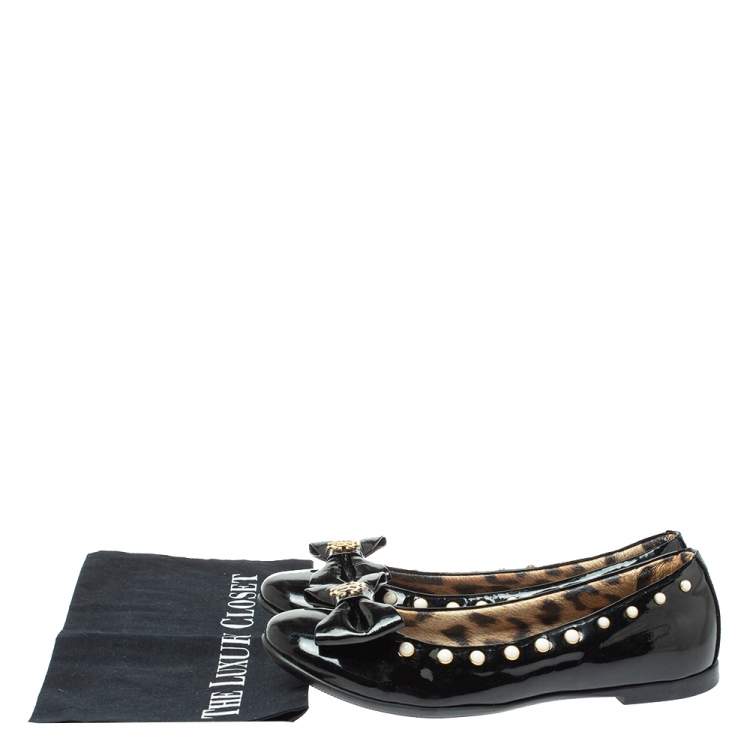 Pre Owned Roberto Cavalli Black Patent Leather Embellished Bow Ballet Flats Size 37