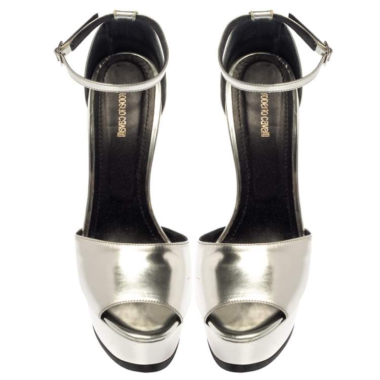 Pre Owned Roberto Cavalli Silver Leather Platform Ankle Strap Sandals Size 38
