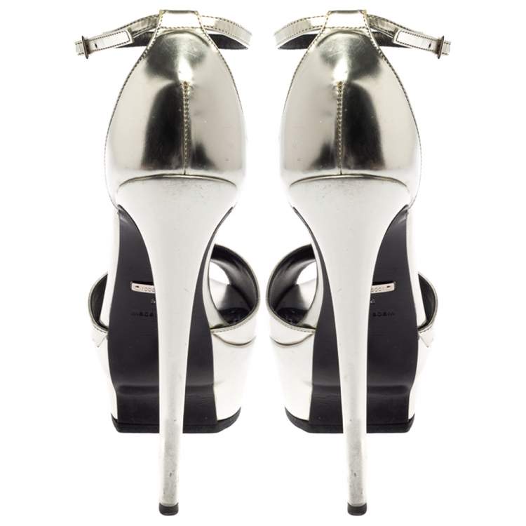 Pre Owned Roberto Cavalli Silver Leather Platform Ankle Strap Sandals Size 38